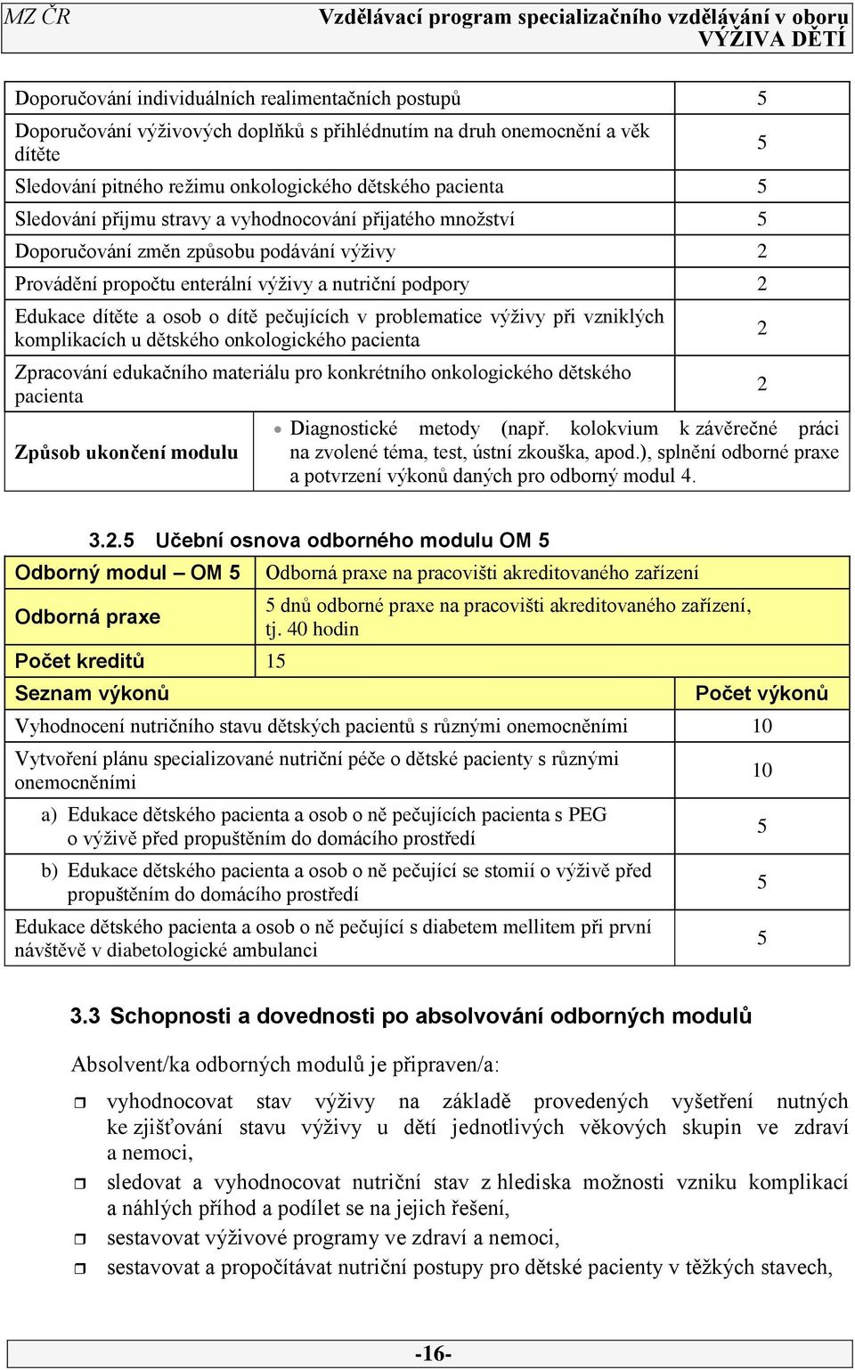 problematice výživy při vzniklých komplikacích u dětského onkologického pacienta Zpracování edukačního materiálu pro konkrétního onkologického dětského pacienta Způsob ukončení modulu Diagnostické