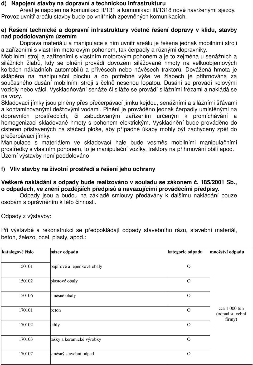 e) Řešení technické a dopravní infrastruktury včetně řešení dopravy v klidu, stavby nad poddolovaným územím Doprava materiálu a manipulace s ním uvnitř areálu je řešena jednak mobilními stroji a