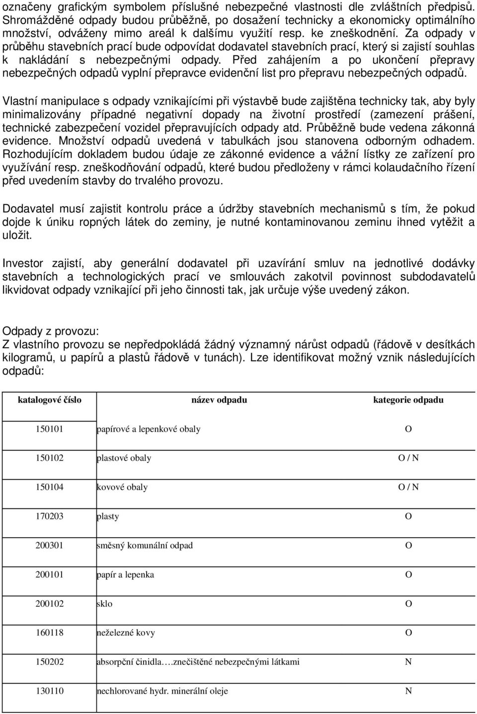 Za odpady v průběhu stavebních prací bude odpovídat dodavatel stavebních prací, který si zajistí souhlas k nakládání s nebezpečnými odpady.