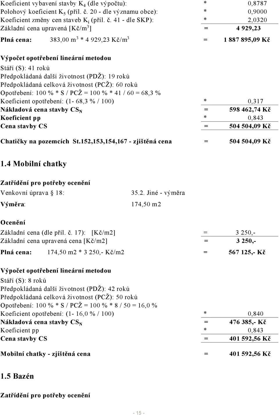 41 - dle SKP): * 2,0320 Základní cena upravená [Kč/m 3 ] = 4 929,23 Plná cena: 383,00 m 3 * 4 929,23 Kč/m 3 = 1 887 895,09 Kč Výpočet opotřebení lineární metodou Stáří (S): 41 roků Předpokládaná