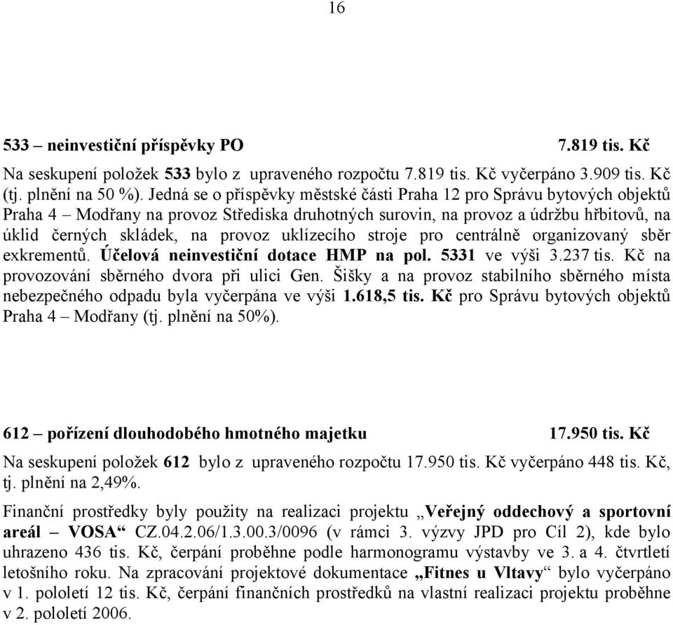 uklízecího stroje pro centrálně organizovaný sběr exkrementů. Účelová neinvestiční dotace HMP na pol. 5331 ve výši 3.237 tis. Kč na provozování sběrného dvora při ulici Gen.