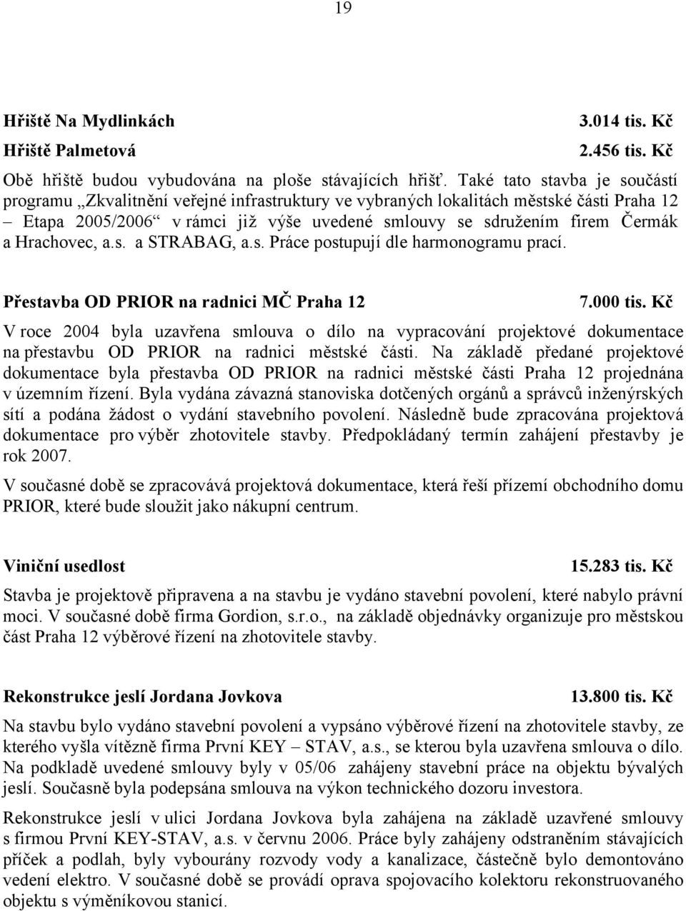 Hrachovec, a.s. a STRABAG, a.s. Práce postupují dle harmonogramu prací. Př estavba OD PRIOR na radnici MČ Praha 12 7.000 tis.