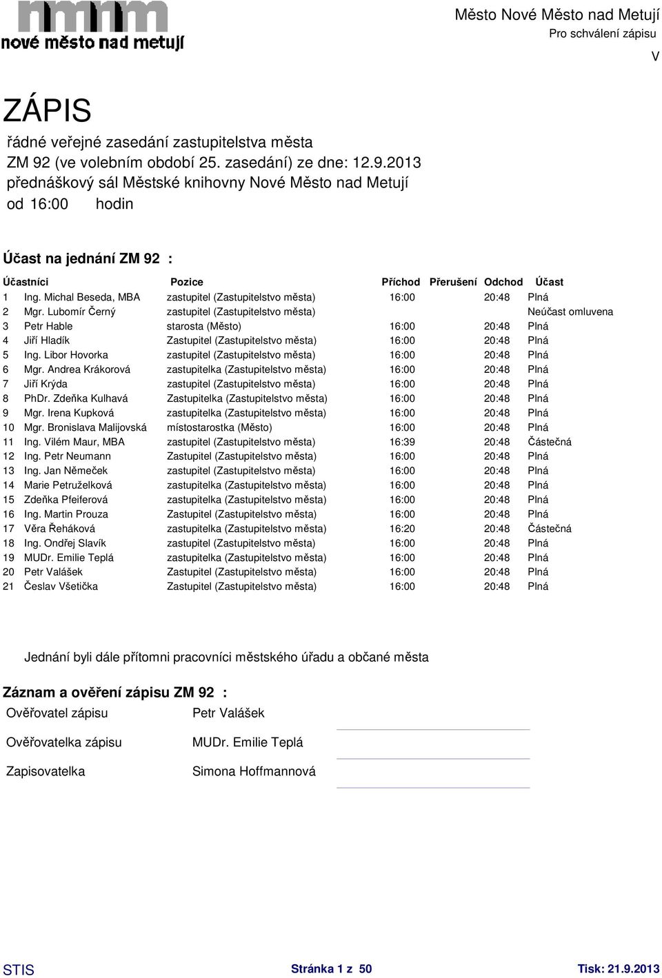 2013 přednáškový sál Městské knihovny Nové Město nad Metují od 16:00 hodin Účast na jednání ZM 92 : Účastníci Pozice Příchod Přerušení Odchod Účast 1 Ing.