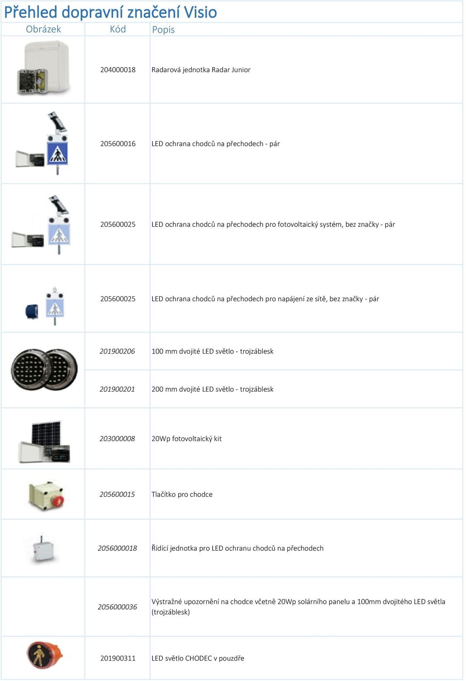 - trojzáblesk 201900201 200 mm dvojité LED světlo - trojzáblesk 203000008 20Wp fotovoltaický kit 205600015 Tlačítko pro chodce 2056000018 Řídící jednotka pro LED ochranu