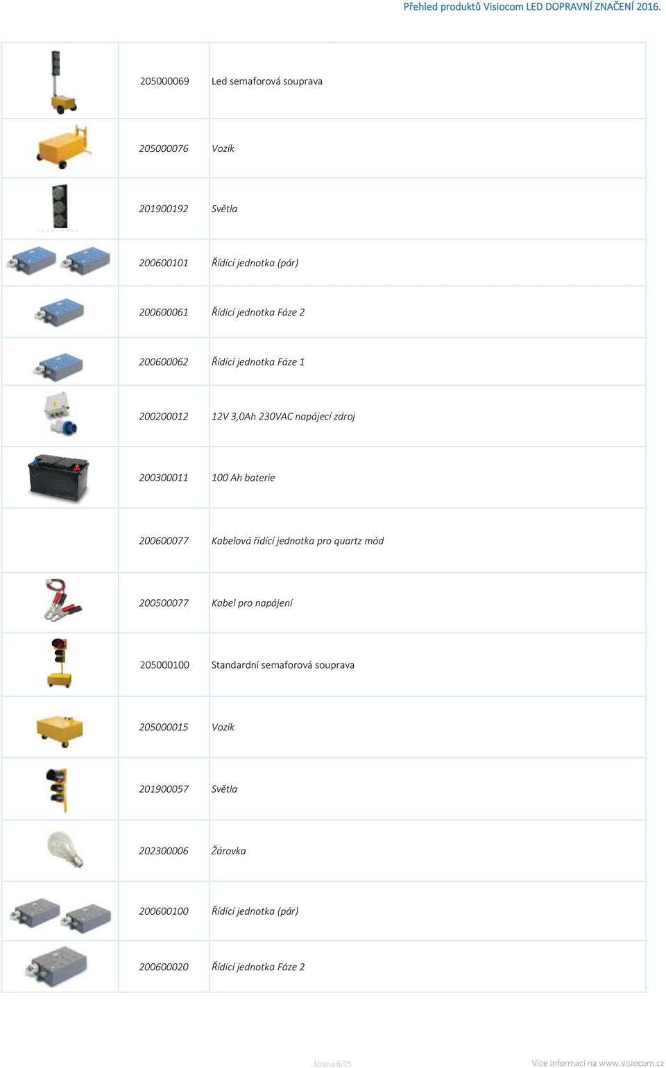 200600077 Kabelová řídící jednotka pro quartz mód 200500077 Kabel pro napájení 205000100 Standardní semaforová souprava