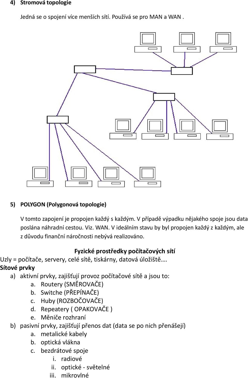 Fyzické prostředky počítačových sítí Uzly = počítače, servery, celé sítě, tiskárny, datová úložiště. Sítové prvky a) aktivní prvky, zajišťují provoz počítačové sítě a jsou to: a.