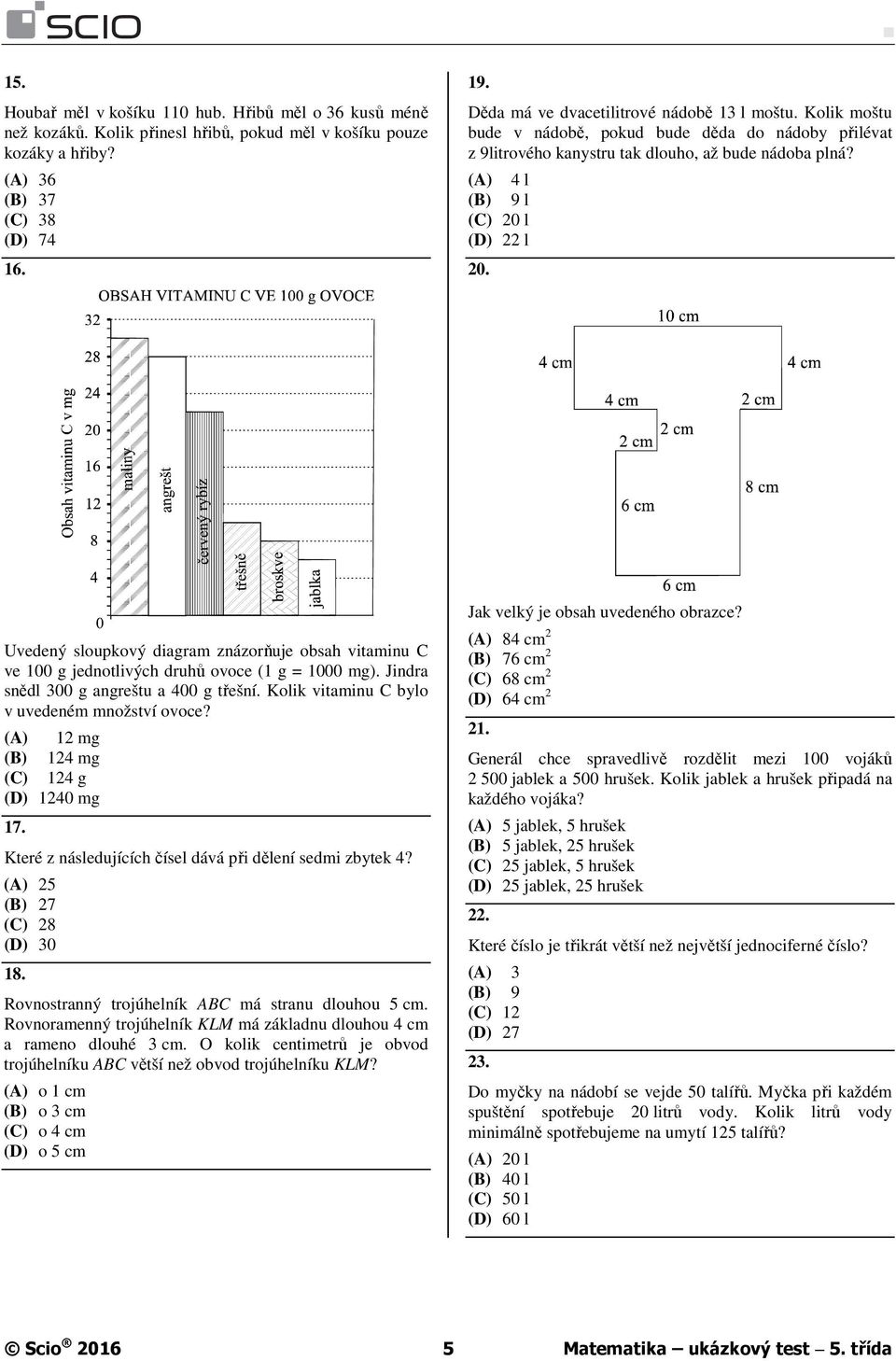 Uvedený sloupkový diagram znázorňuje obsah vitaminu C ve 100 g jednotlivých druhů ovoce (1 g = 1000 mg). Jindra snědl 300 g angreštu a 400 g třešní. Kolik vitaminu C bylo v uvedeném množství ovoce?