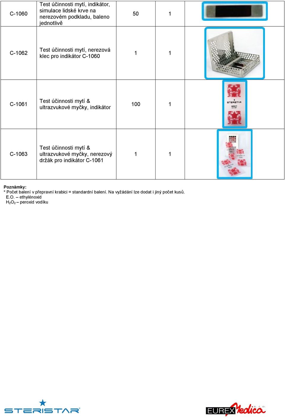 1 C-1063 Test účinnosti mytí & ultrazvukové myčky, nerezový držák pro indikátor C-1061 1 1 Poznámky: * Počet balení v