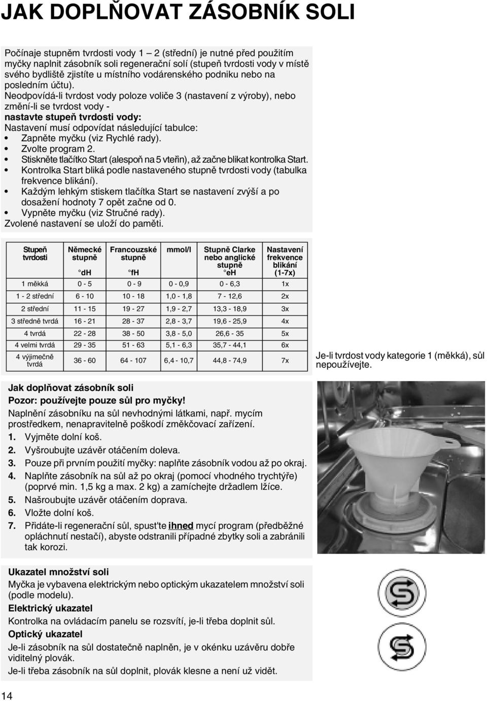 Neodpovídá-li tvrdost vody poloze voliče 3 (nastavení z výroby), nebo změní-li se tvrdost vody - nastavte stupeň tvrdosti vody: Nastavení musí odpovídat následující tabulce: Zapněte myčku (viz Rychlé