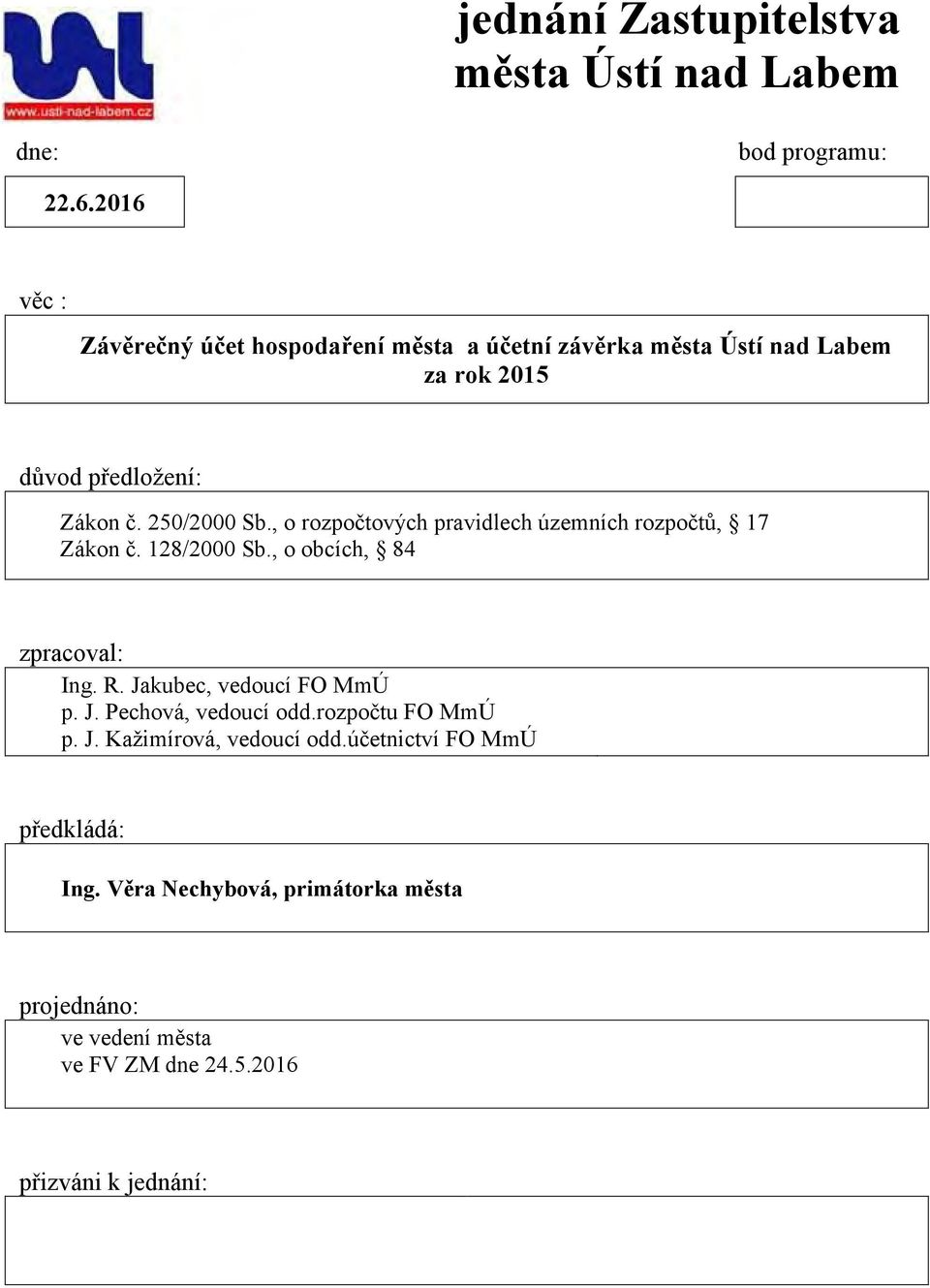 , o rozpočtových pravidlech územních rozpočtů, 17 Zákon č. 128/2000 Sb., o obcích, 84 zpracoval: Ing. R. Jakubec, vedoucí FO MmÚ p. J. Pechová, vedoucí odd.