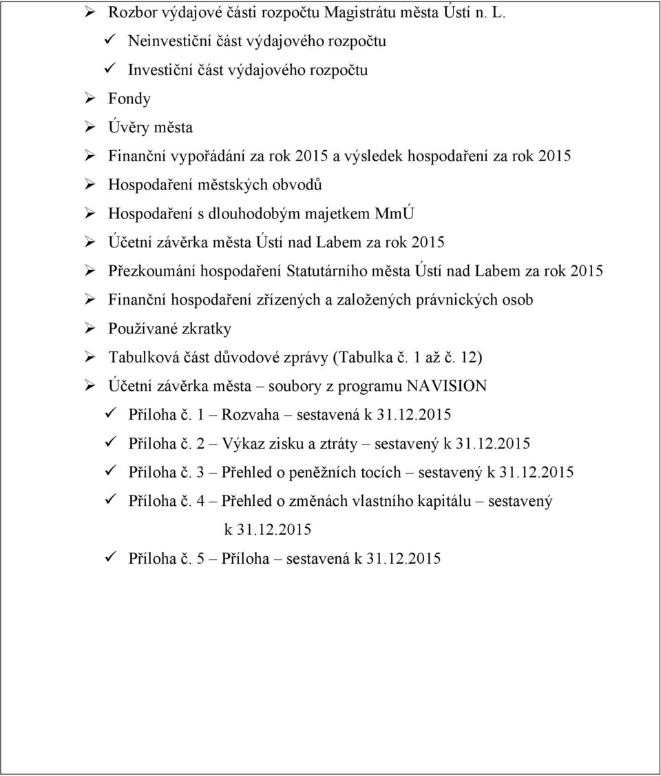 s dlouhodobým majetkem MmÚ Účetní závěrka města Ústí nad Labem za rok 2015 Přezkoumání hospodaření Statutárního města Ústí nad Labem za rok 2015 Finanční hospodaření zřízených a založených