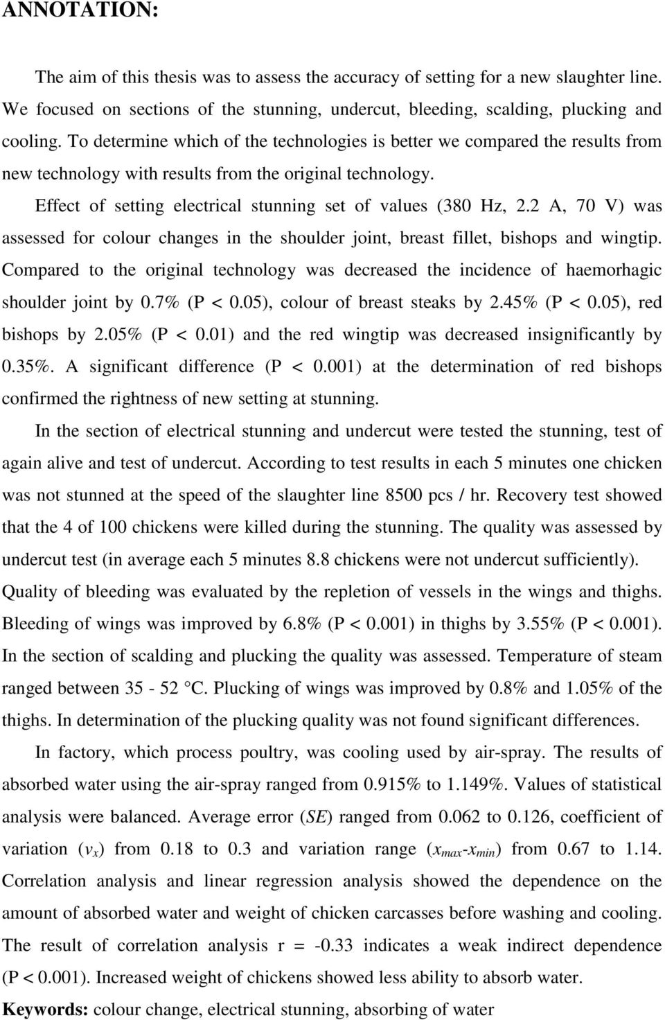 2 A, 70 V) was assessed for colour changes in the shoulder joint, breast fillet, bishops and wingtip.