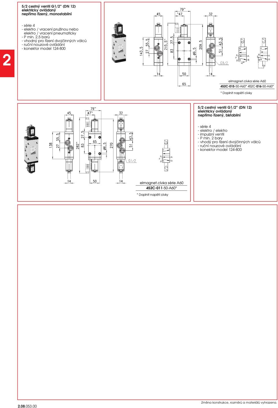 cívka série A60 45C-015-50-A60* 45C-016-50-A60* * Doplnit napětí cívky 5/ cestný ventil G1/ (DN
