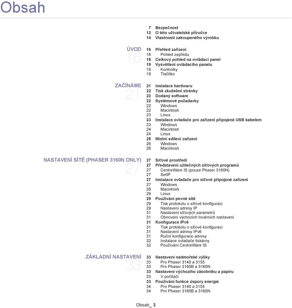 připojené USB kabelem 23 Windows 24 Macintosh 24 Linux 25 Místní sdílení zařízení 26 Windows 26 Macintosh NASTAVENÍ SÍTĚ (PHASER 3160N ONLY) 27 27 Síťové prostředí 27 Představení užitečných síťových