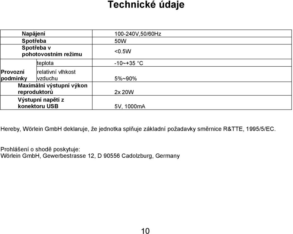 2x 20W Výstupní napětí z konektoru USB 5V, 1000mA Hereby, Wörlein GmbH deklaruje, že jednotka splňuje základní