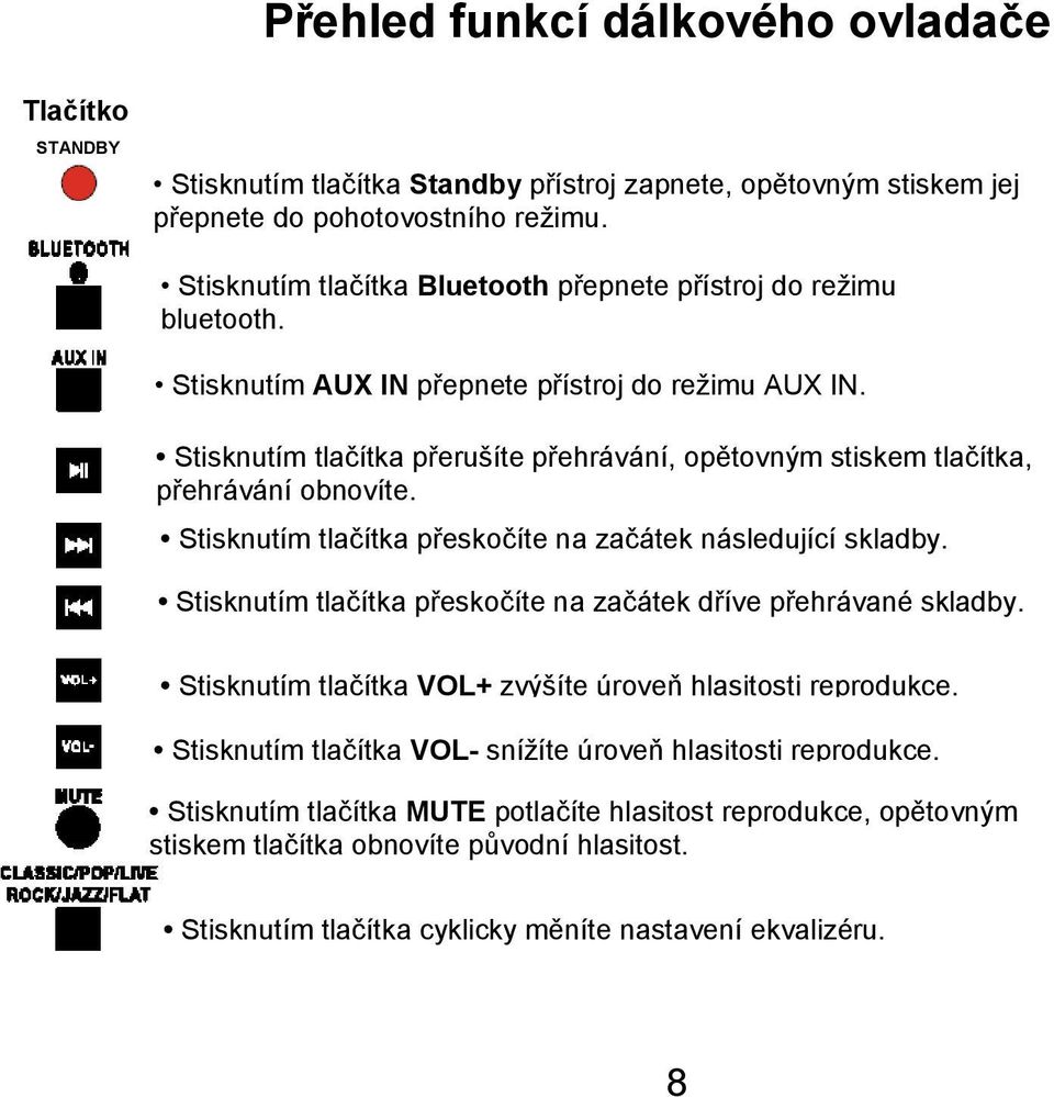 Stisknutím tlačítka přerušíte přehrávání, opětovným stiskem tlačítka, přehrávání obnovíte. Stisknutím tlačítka přeskočíte na začátek následující skladby.