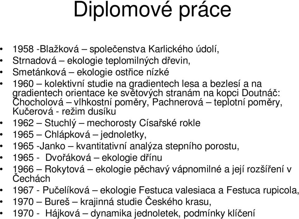 mechorosty Císařské rokle 1965 Chlápková jednoletky, 1965 -Janko kvantitativní analýza stepního porostu, 1965 - Dvořáková ekologie dřínu 1966 Rokytová ekologie pěchavý vápnomilné