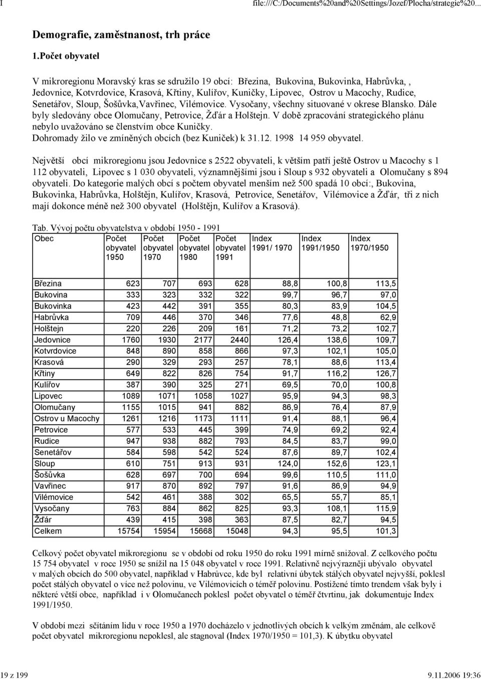 Senetářov, Sloup, Šošůvka,Vavřinec, Vilémovice. Vysočany, všechny situované v okrese Blansko. Dále byly sledovány obce Olomučany, Petrovice, Žďár a Holštejn.