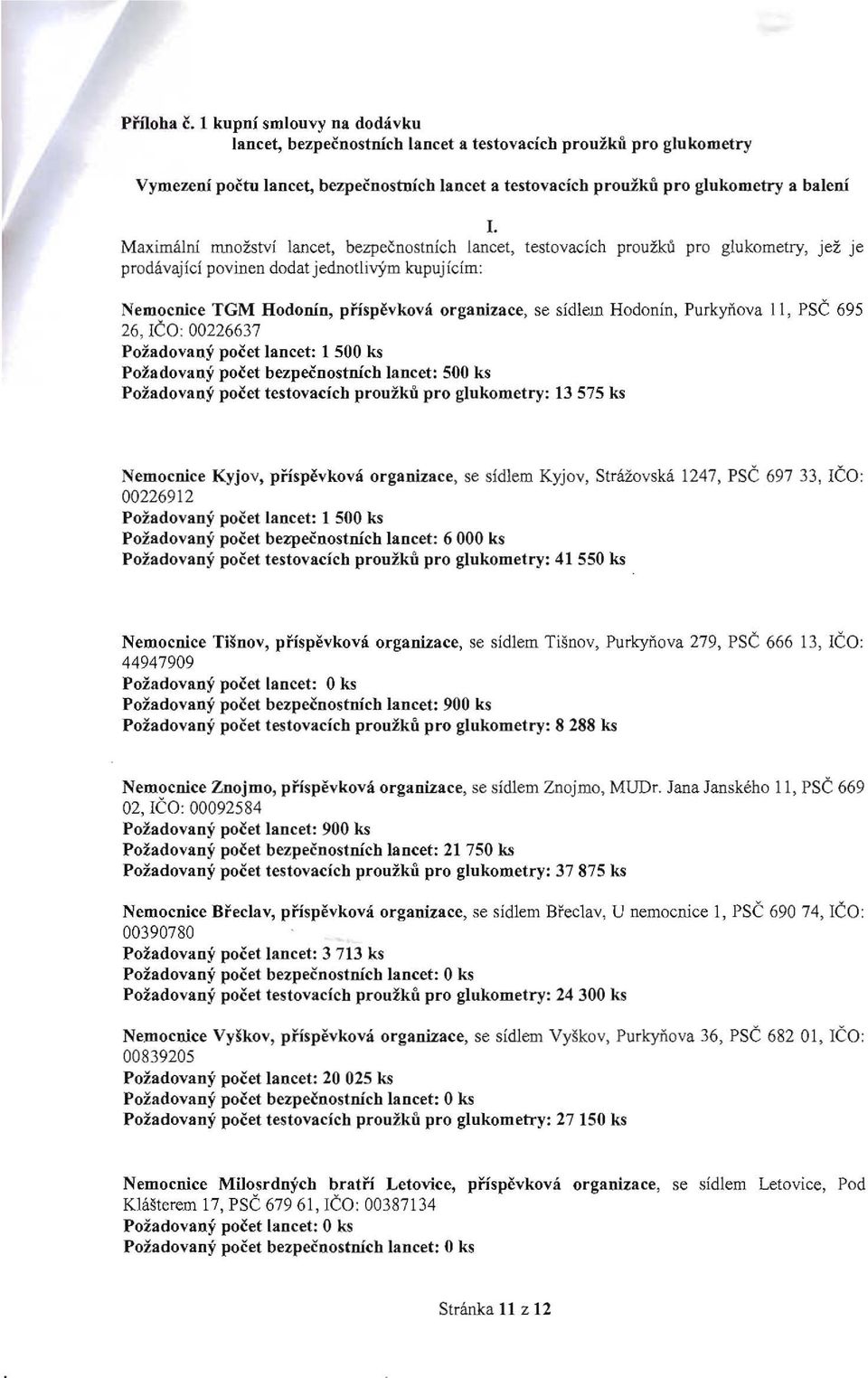 Hodonín, Purkyňova II, PSČ 695 26, IČO: 00226637 Požadovaný počet lancet: 1 500 ks Požadovaný počet bezpečnostních lancet: 500 ks Požadovaný počet testovacích proužků pro glukometry: 13 575 ks