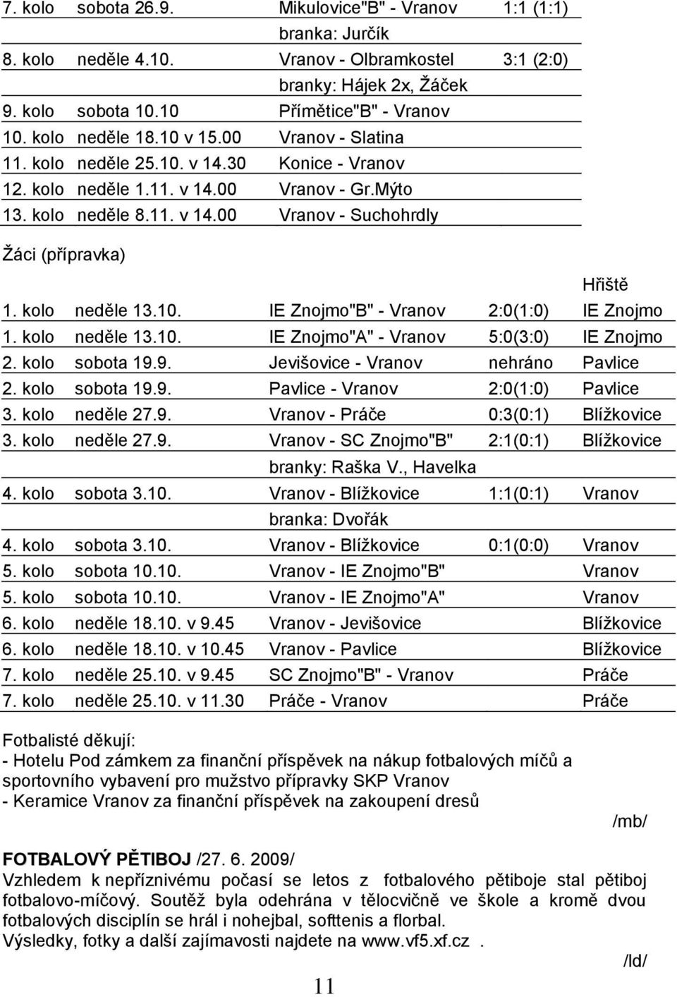 kolo neděle 13.10. IE Znojmo"B" - Vranov 2:0(1:0) IE Znojmo 1. kolo neděle 13.10. IE Znojmo"A" - Vranov 5:0(3:0) IE Znojmo 2. kolo sobota 19.9. Jevišovice - Vranov nehráno Pavlice 2. kolo sobota 19.9. Pavlice - Vranov 2:0(1:0) Pavlice 3.