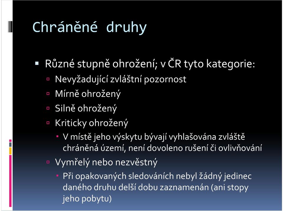 zvláště chráněná území, není dovoleno rušení či ovlivňování Vymřelý nebo nezvěstný Při