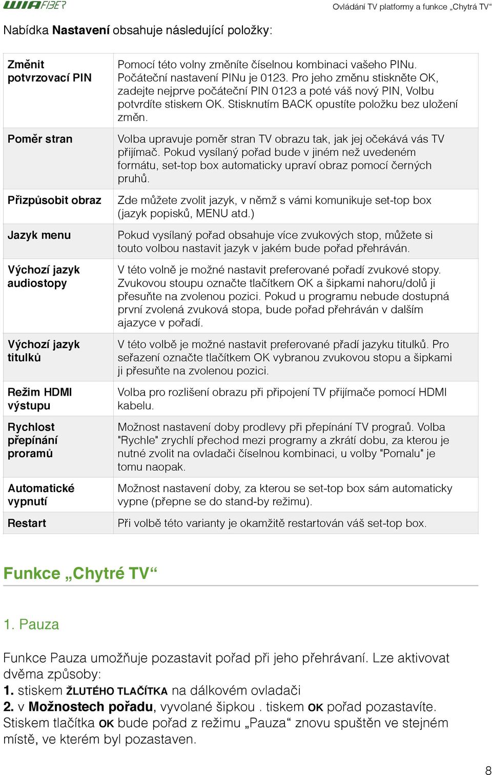 Poměr stran Přizpůsobit obraz Jazyk menu Výchozí jazyk audiostopy Výchozí jazyk titulků Režim HDMI výstupu Rychlost přepínání proramů Volba upravuje poměr stran TV obrazu tak, jak jej očekává vás TV