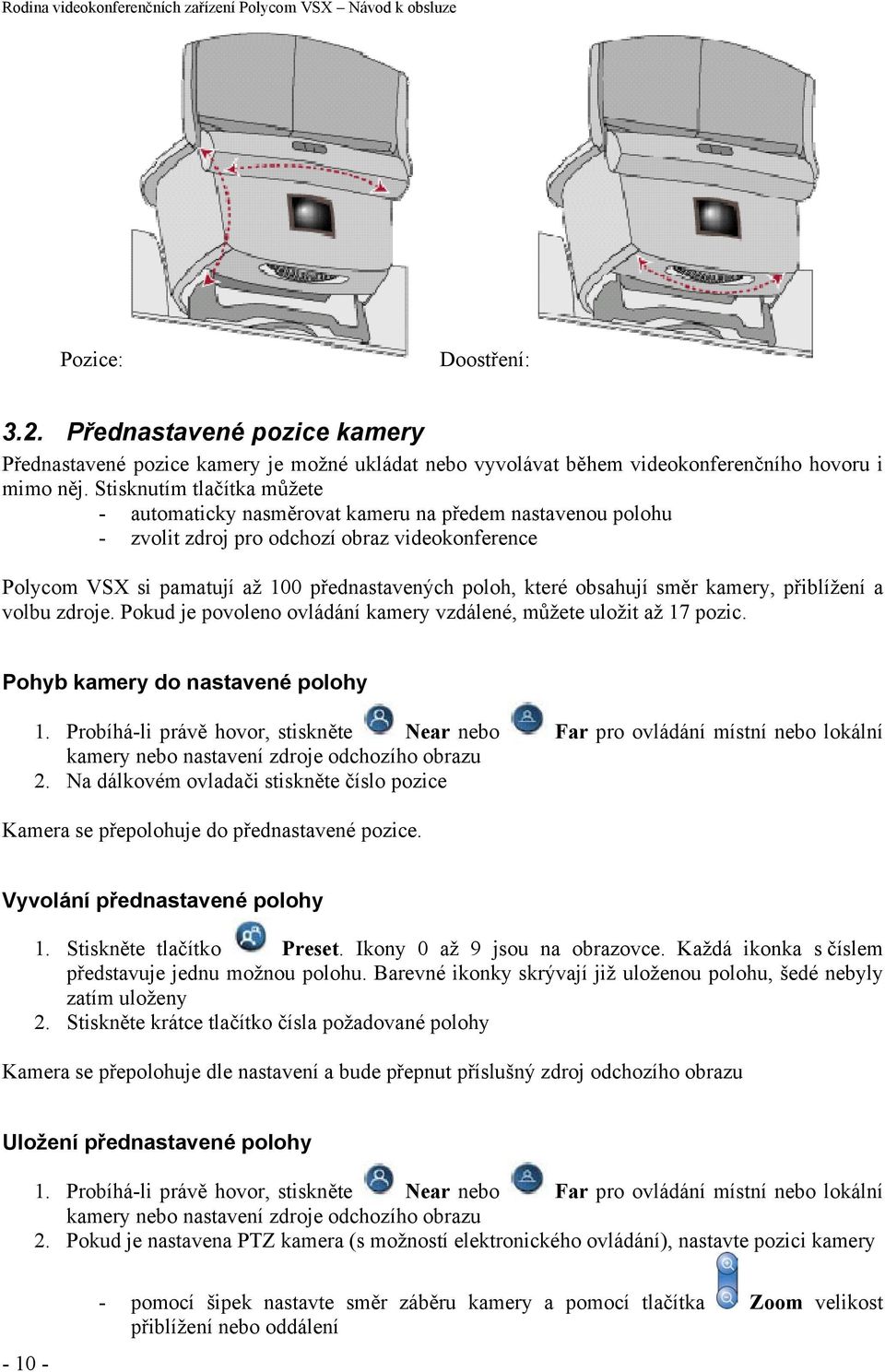 Stisknutím tlačítka můžete - automaticky nasměrovat kameru na předem nastavenou polohu - zvolit zdroj pro odchozí obraz videokonference Polycom VSX si pamatují až 100 přednastavených poloh, které