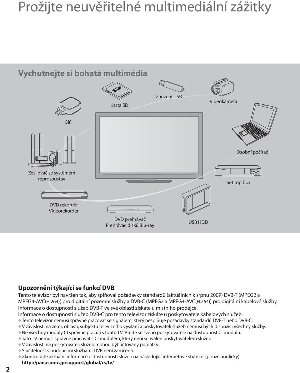 (MPEG2 a MPEG4-AVC(H.264)) pro digitální pozemní služby a DVB-C (MPEG2 a MPEG4-AVC(H.264)) pro digitální kabelové služby.