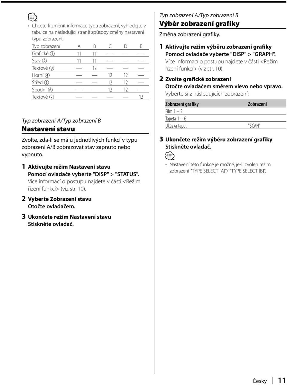 funkcí v typu zobrazení A/B zobrazovat stav zapnuto nebo vypnuto. 1 Aktivujte režim stavu Pomocí ovladače vyberte "DISP" > "STATUS".