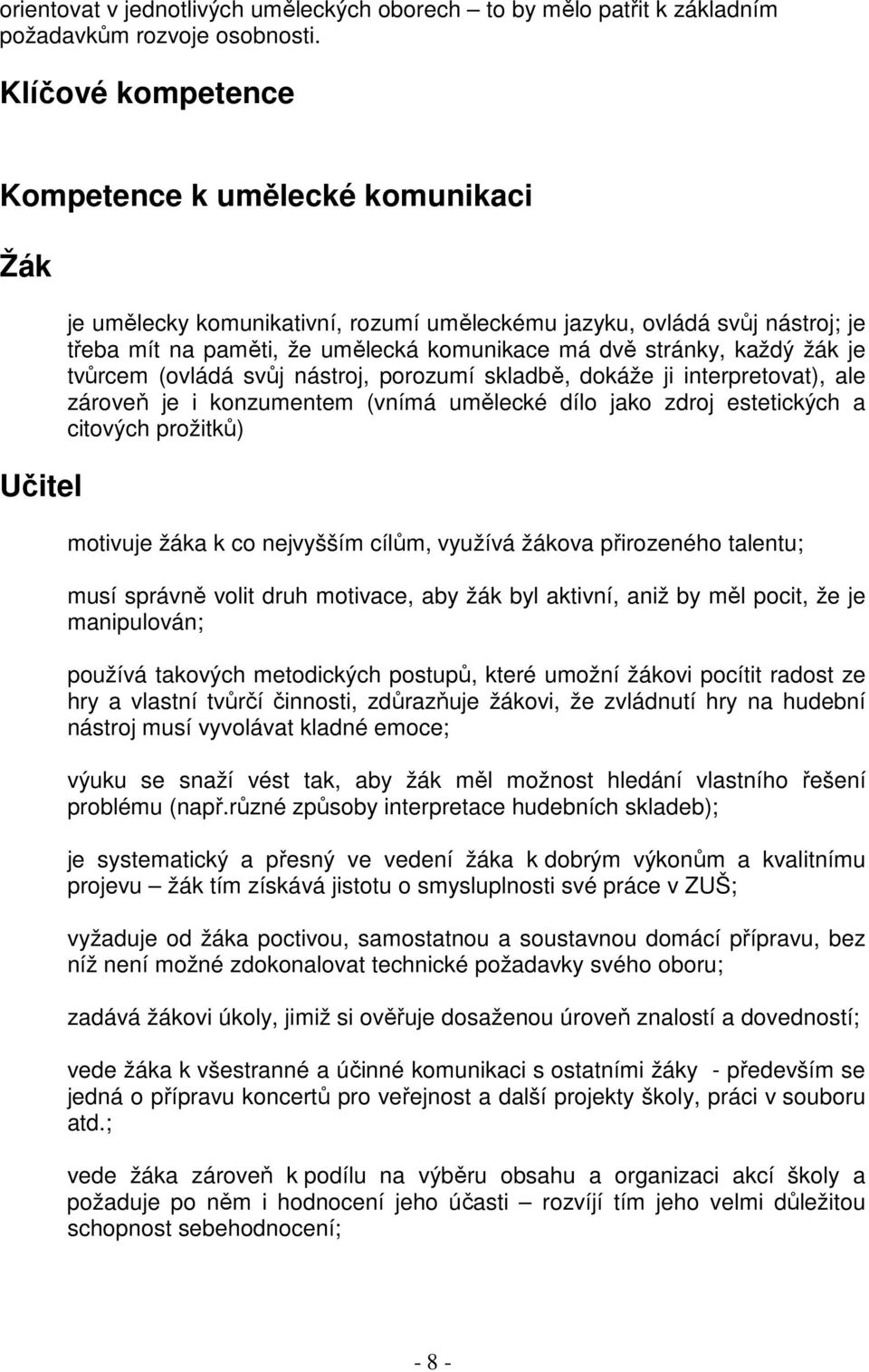 každý žák je tvůrcem (ovládá svůj nástroj, porozumí skladbě, dokáže ji interpretovat), ale zároveň je i konzumentem (vnímá umělecké dílo jako zdroj estetických a citových prožitků) motivuje žáka k co