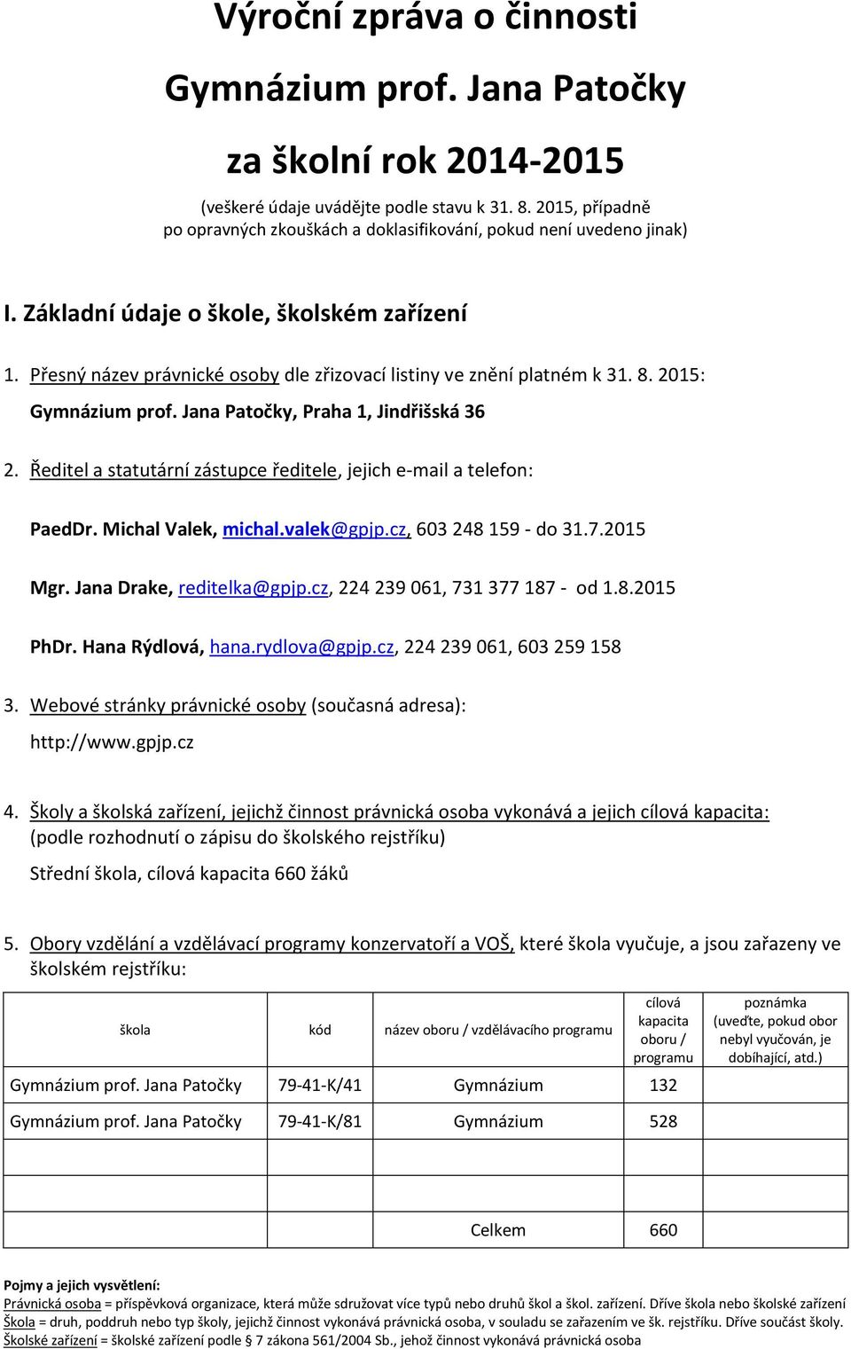 Přesný název právnické osoby dle zřizovací listiny ve znění platném k 31. 8. 2015: Gymnázium prof. Jana Patočky, Praha 1, Jindřišská 36 2.