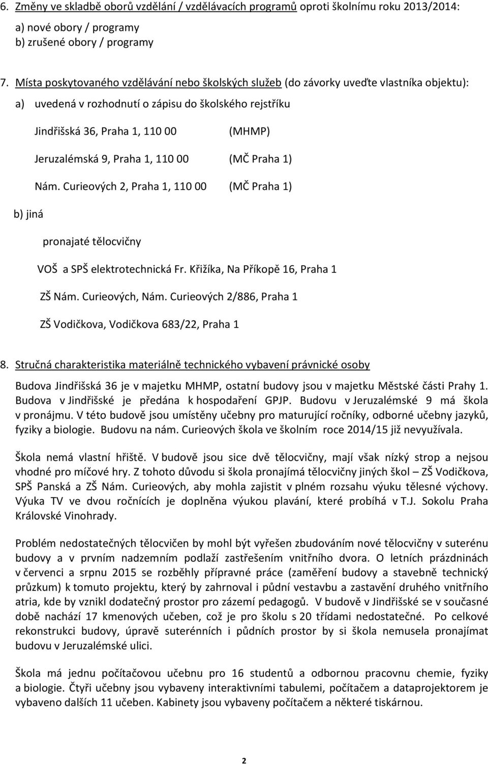 9, Praha 1, 110 00 (MČ Praha 1) Nám. Curieových 2, Praha 1, 110 00 (MČ Praha 1) b) jiná pronajaté tělocvičny VOŠ a SPŠ elektrotechnická Fr. Křižíka, Na Příkopě 16, Praha 1 ZŠ Nám. Curieových, Nám.