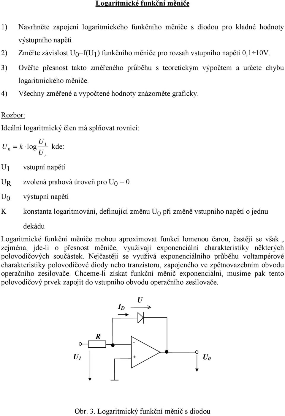 Rozbor: deální logaritmický člen má splňovat rovnici: 0 = k log kde: r vstpní napětí R zvolená prahová úroveň pro 0 = 0 0 K výstpní napětí konstanta logaritmování, definjící změn 0 při změně vstpního