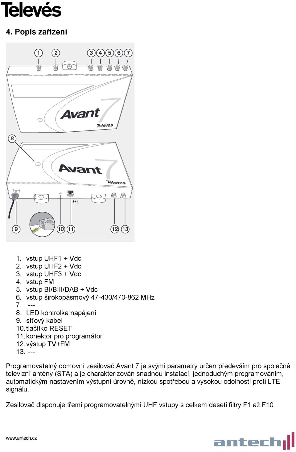 --- Programovatelný domovní zesilovač Avant 7 je svými parametry určen především pro společné televizní antény (STA) a je charakterizován snadnou instalací,