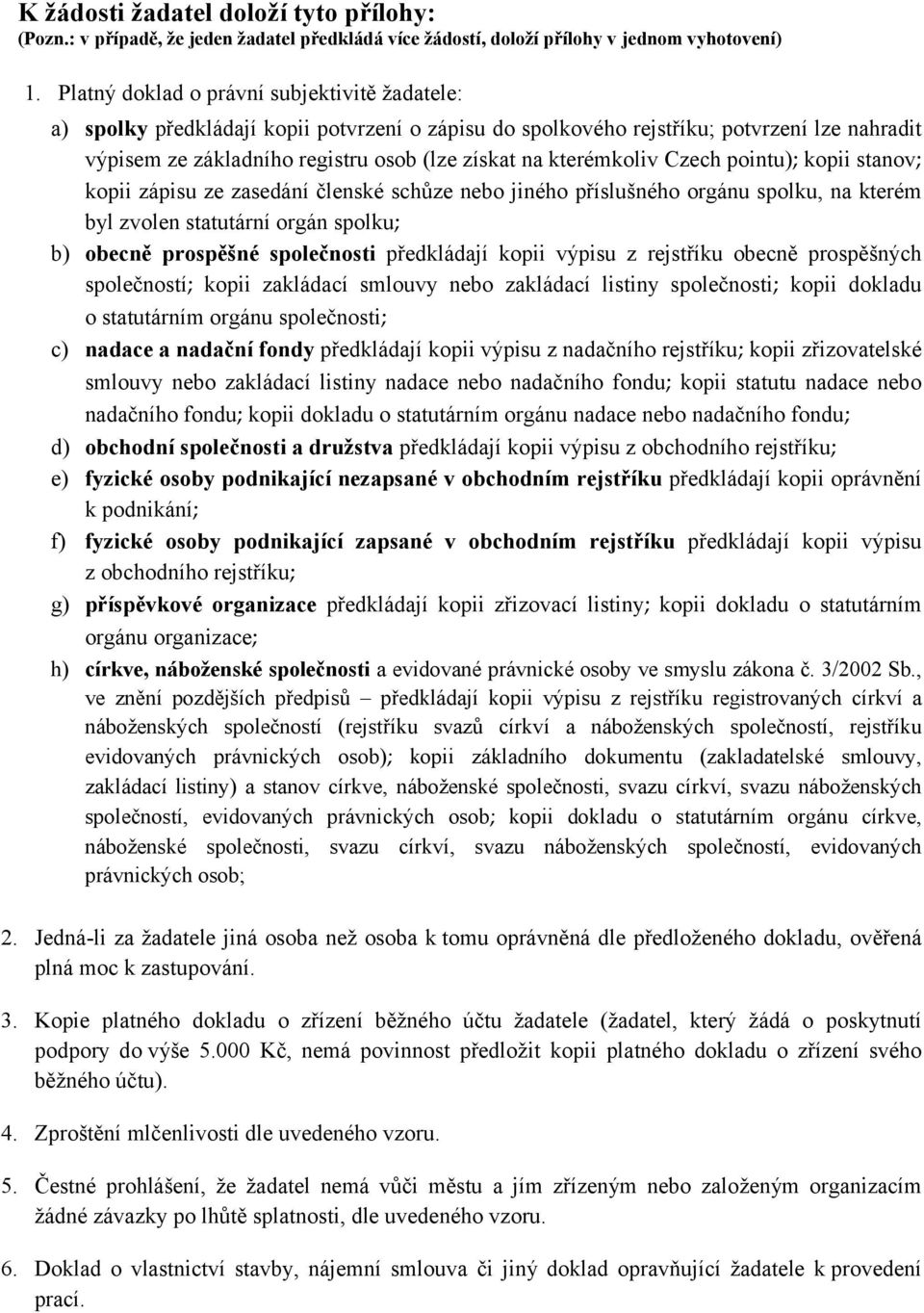 kterémkoliv Czech pointu); kopii stanov; kopii zápisu ze zasedání členské schůze nebo jiného příslušného orgánu spolku, na kterém byl zvolen statutární orgán spolku; b) obecně prospěšné společnosti