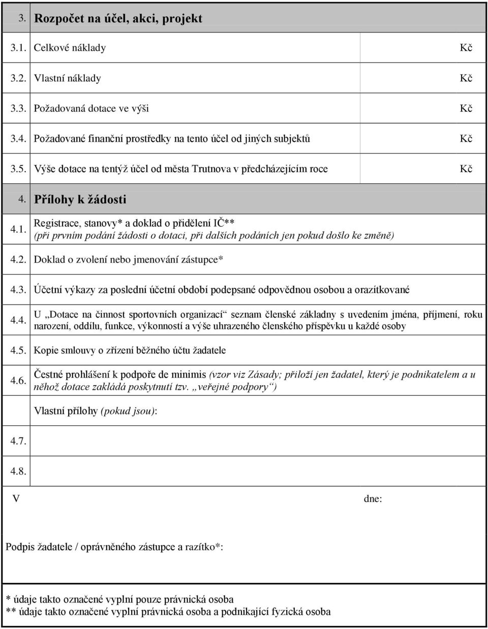 Registrace, stanovy* a doklad o přidělení IČ** (při prvním podání žádosti o dotaci, při dalších podáních jen pokud došlo ke změně) 4.2. Doklad o zvolení nebo jmenování zástupce* 4.3.