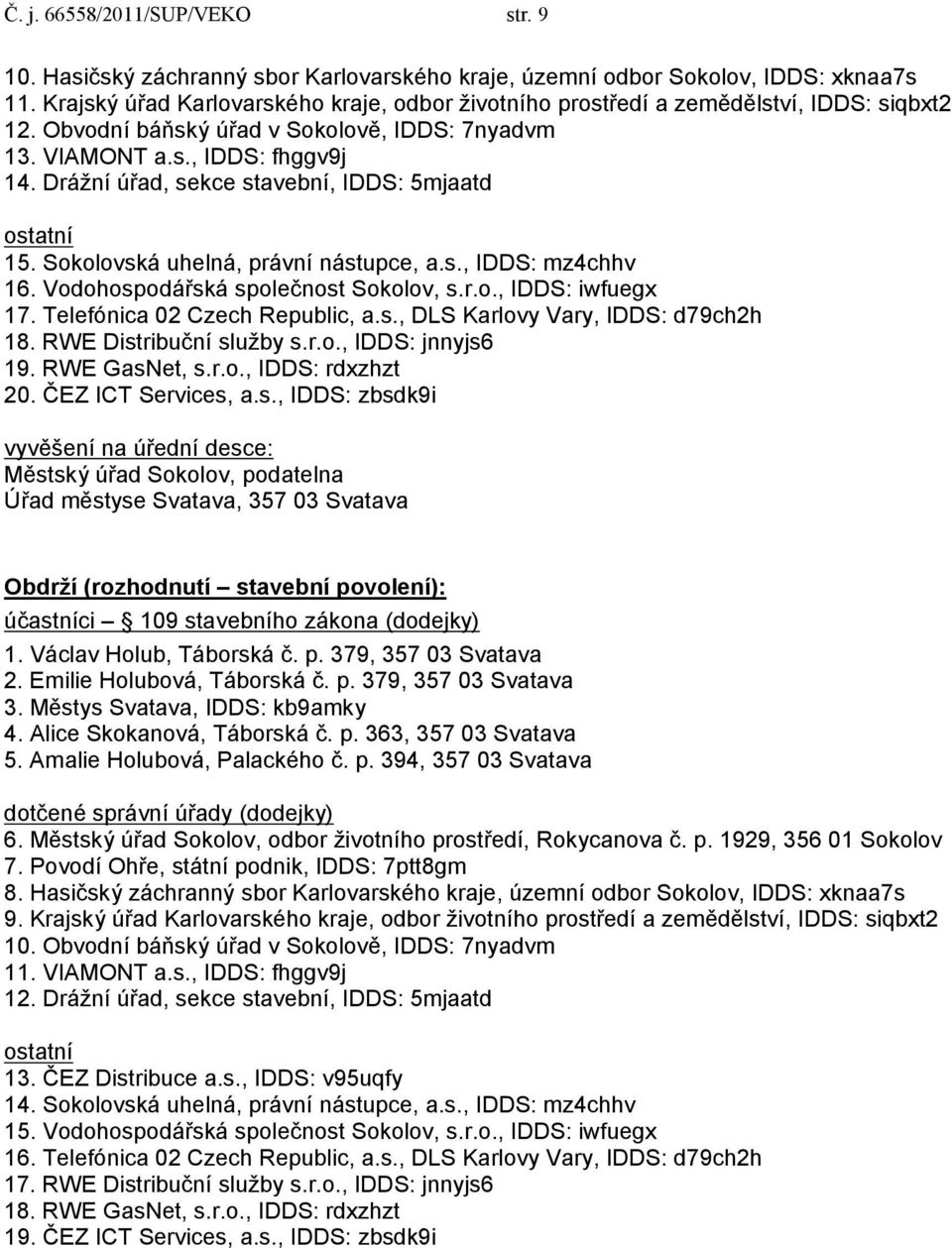 Drážní úřad, sekce stavební, IDDS: 5mjaatd ostatní 15. Sokolovská uhelná, právní nástupce, a.s., IDDS: mz4chhv 16. Vodohospodářská společnost Sokolov, s.r.o., IDDS: iwfuegx 17.