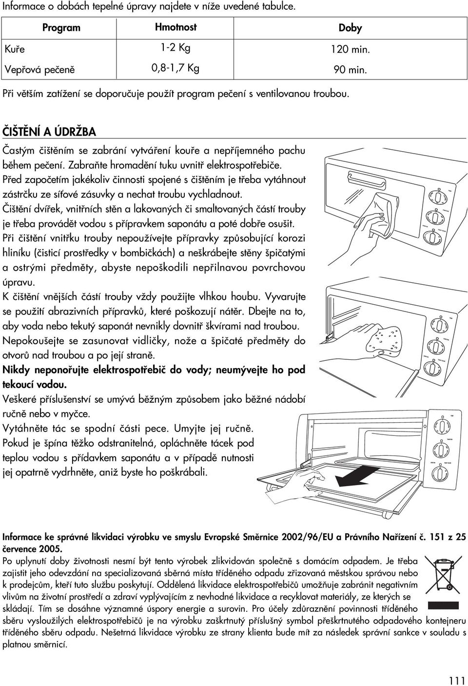 ZabraÀte hromadûní tuku uvnitfi elektrospotfiebiãe. Pfied zapoãetím jakékoliv ãinnosti spojené s ãi tûním je tfieba vytáhnout zástrãku ze síèové zásuvky a nechat troubu vychladnout.