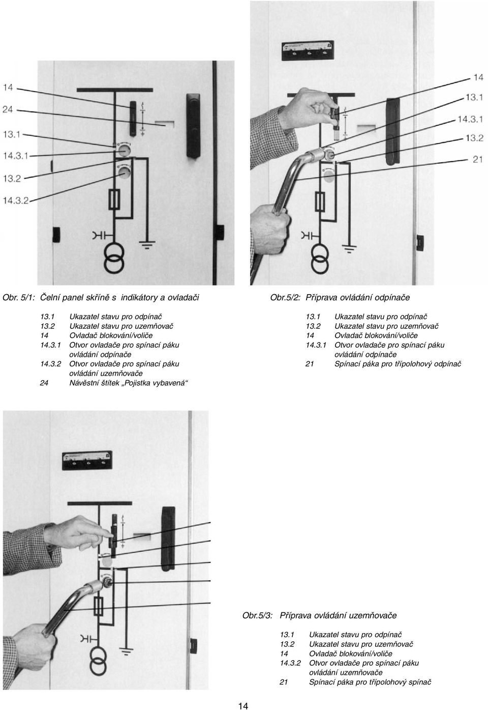 3.2 Otvor ovladače pro spínací páku 21 Spínací páka pro třípolohový odpínač ovládání uzemňovače 24 Návěstní štítek Pojistka vybavená Obr.5/3: Příprava ovládání uzemňovače 13.
