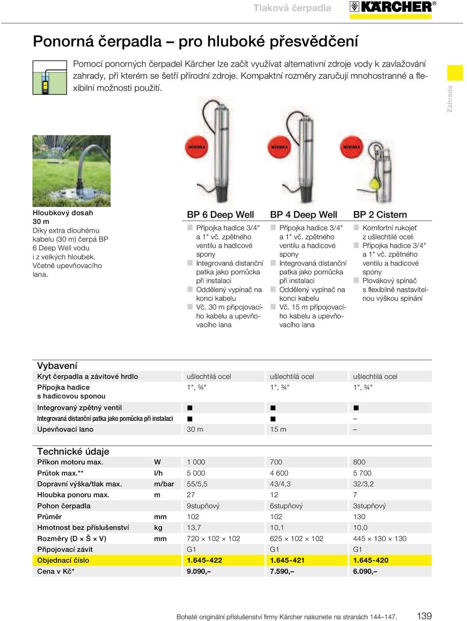 Včetně upevňovacího lana. BP 6 Deep Well BP 4 Deep Well BP 2 Cistern Přípojka hadice 3/4" a 1" vč.