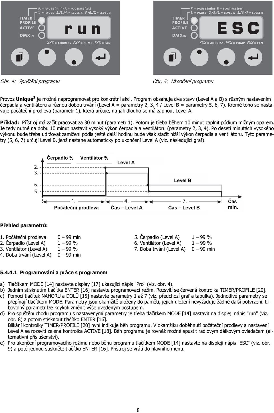 Kromě toho se nastavuje počáteční prodleva (parametr 1), která určuje, na jak dlouho se má zapnout Level A. Příklad: Přístroj má začít pracovat za 30 minut (parametr 1).