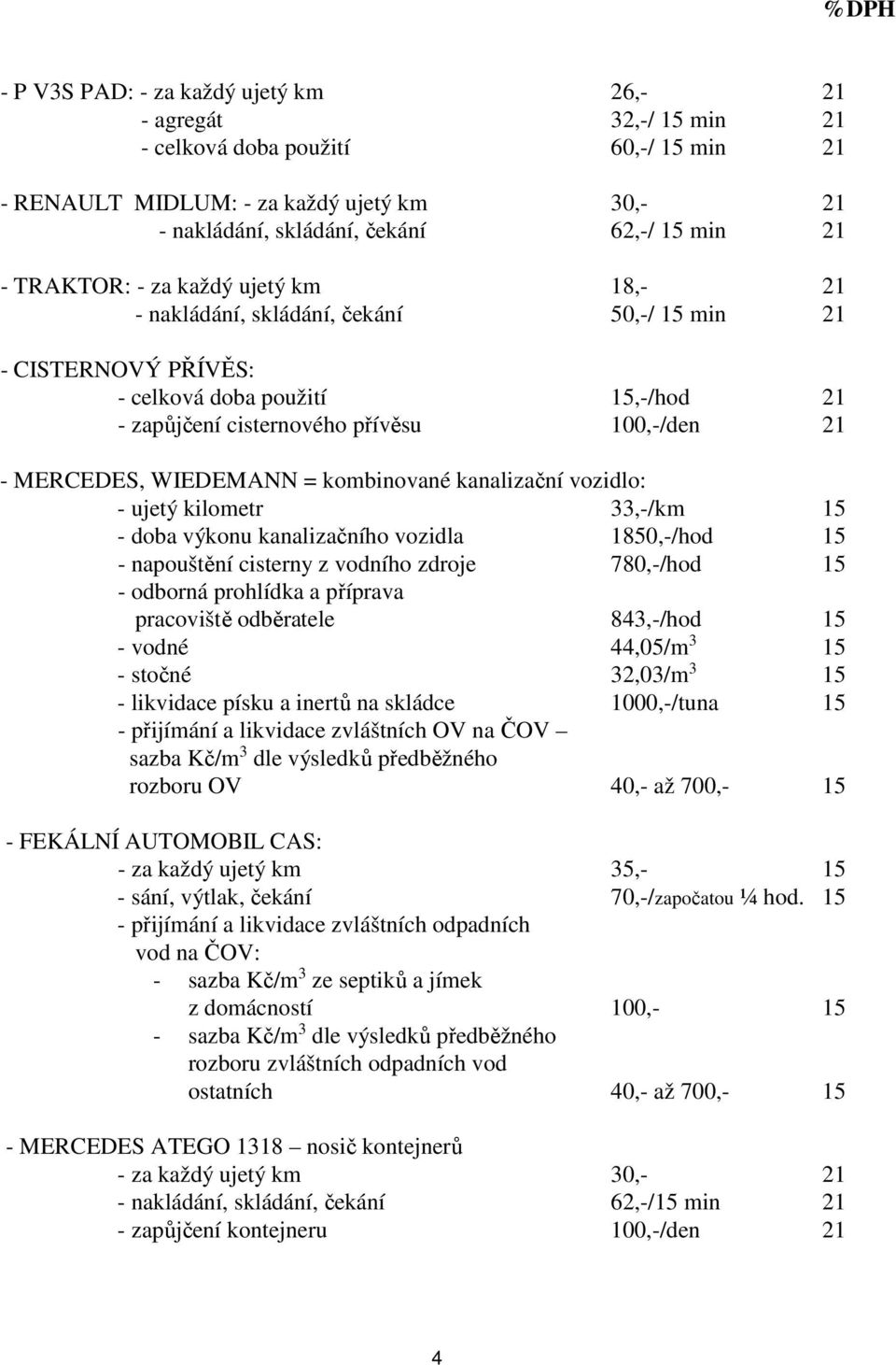 WIEDEMANN = kombinované kanalizační vozidlo: - ujetý kilometr 33,-/km 15 - doba výkonu kanalizačního vozidla 1850,-/hod 15 - napouštění cisterny z vodního zdroje 780,-/hod 15 - odborná prohlídka a