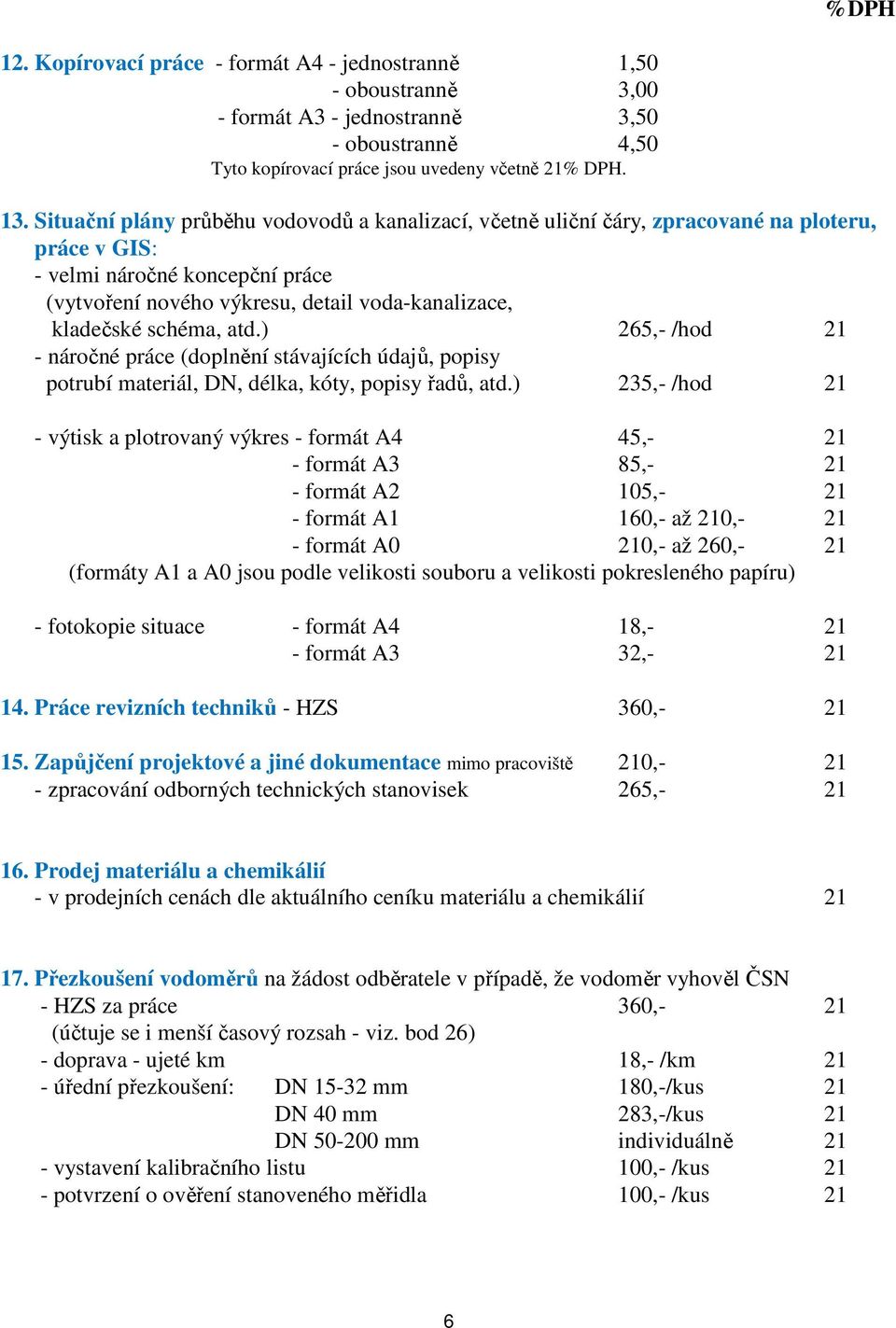 schéma, atd.) 265,- /hod 21 - náročné práce (doplnění stávajících údajů, popisy potrubí materiál, DN, délka, kóty, popisy řadů, atd.