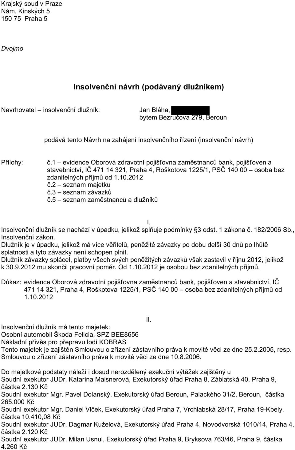 (insolven ní návrh) P ílohy:.1 evidence Oborová zdravotní pojiš ovna zam stnanc bank, pojiš oven a stavebnictví, I 471 14 321, Praha 4, Roškotova 1225/1, PS 140 00 osoba bez zdanitelných p íjm od 1.