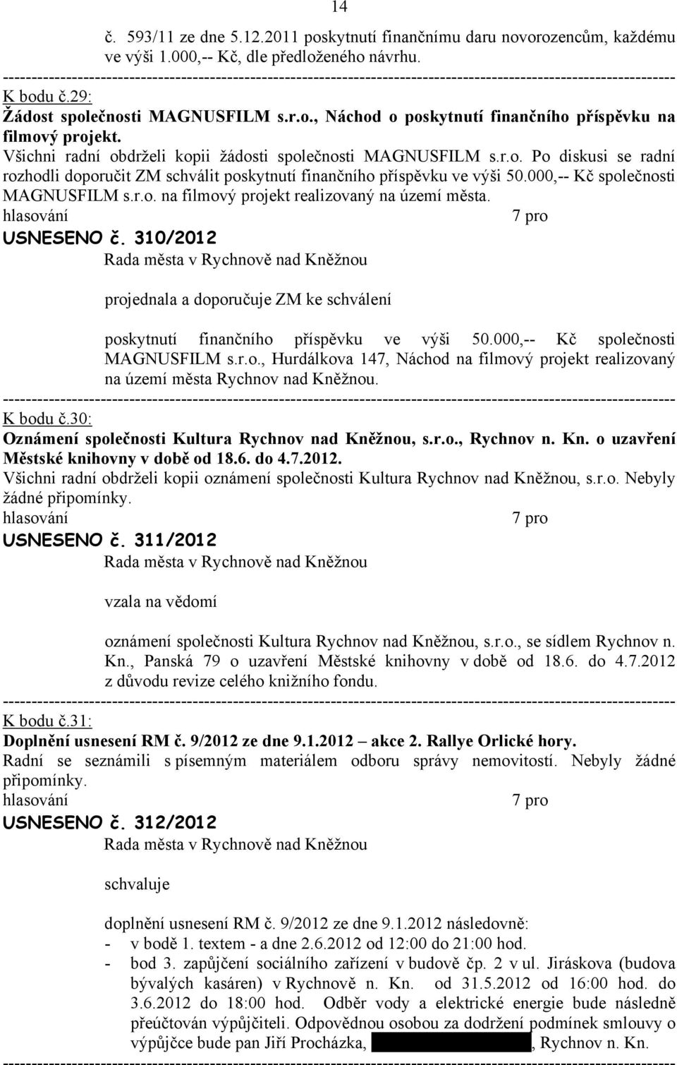 USNESENO č. 310/2012 projednl doporučuje ZM ke schválení poskytnutí finnčního příspěvku ve výši 50.000,-- Kč společnosti MAGNUSFILM s.r.o., Hurdálkov 147, Náchod n filmový projekt relizovný n území měst Rychnov nd Kněžnou.