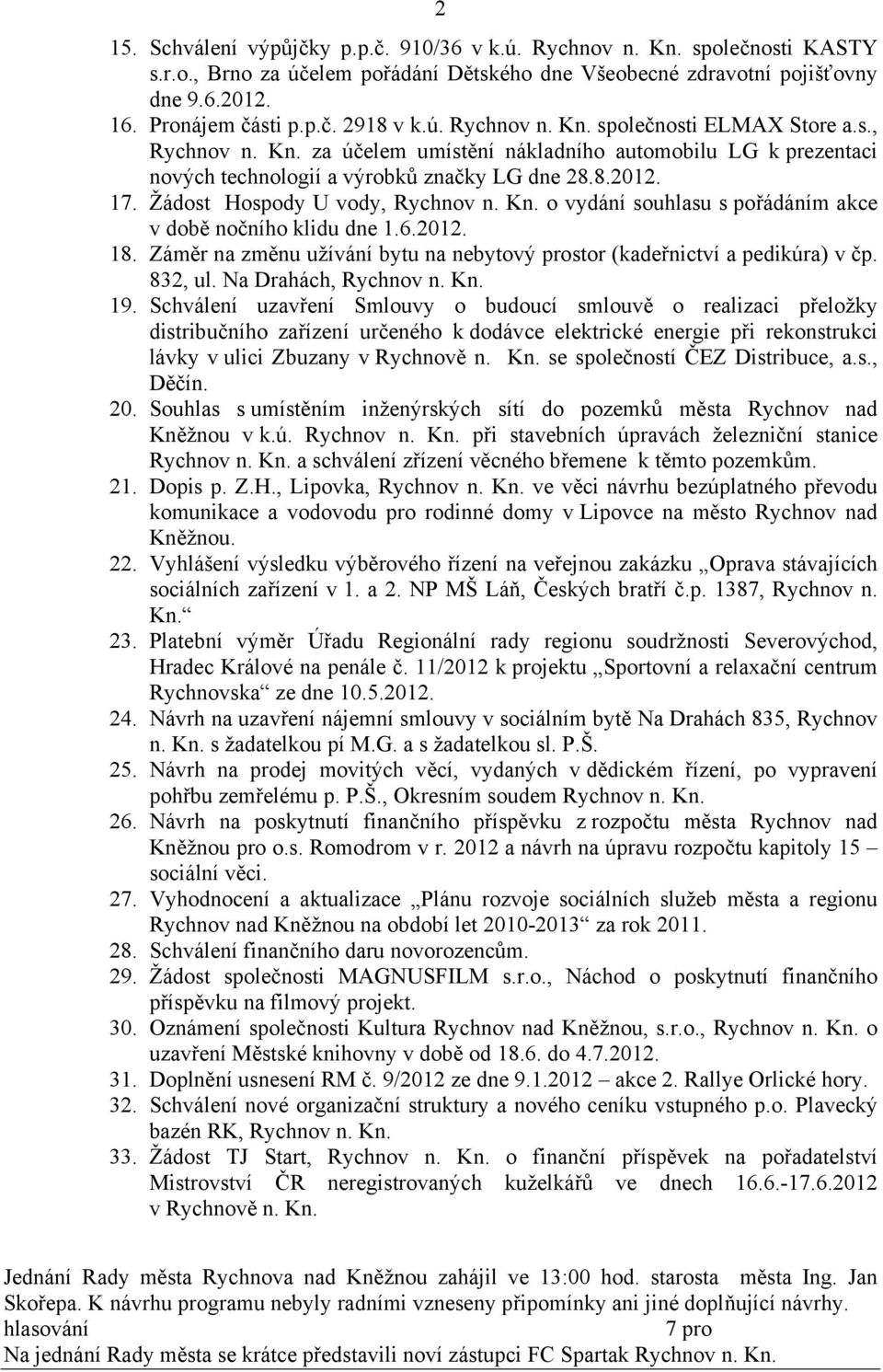 Žádost Hospody U vody, Rychnov n. Kn. o vydání souhlsu s pořádáním kce v době nočního klidu dne 1.6.2012. 18. Záměr n změnu užívání bytu n nebytový prostor (kdeřnictví pedikúr) v čp. 832, ul.