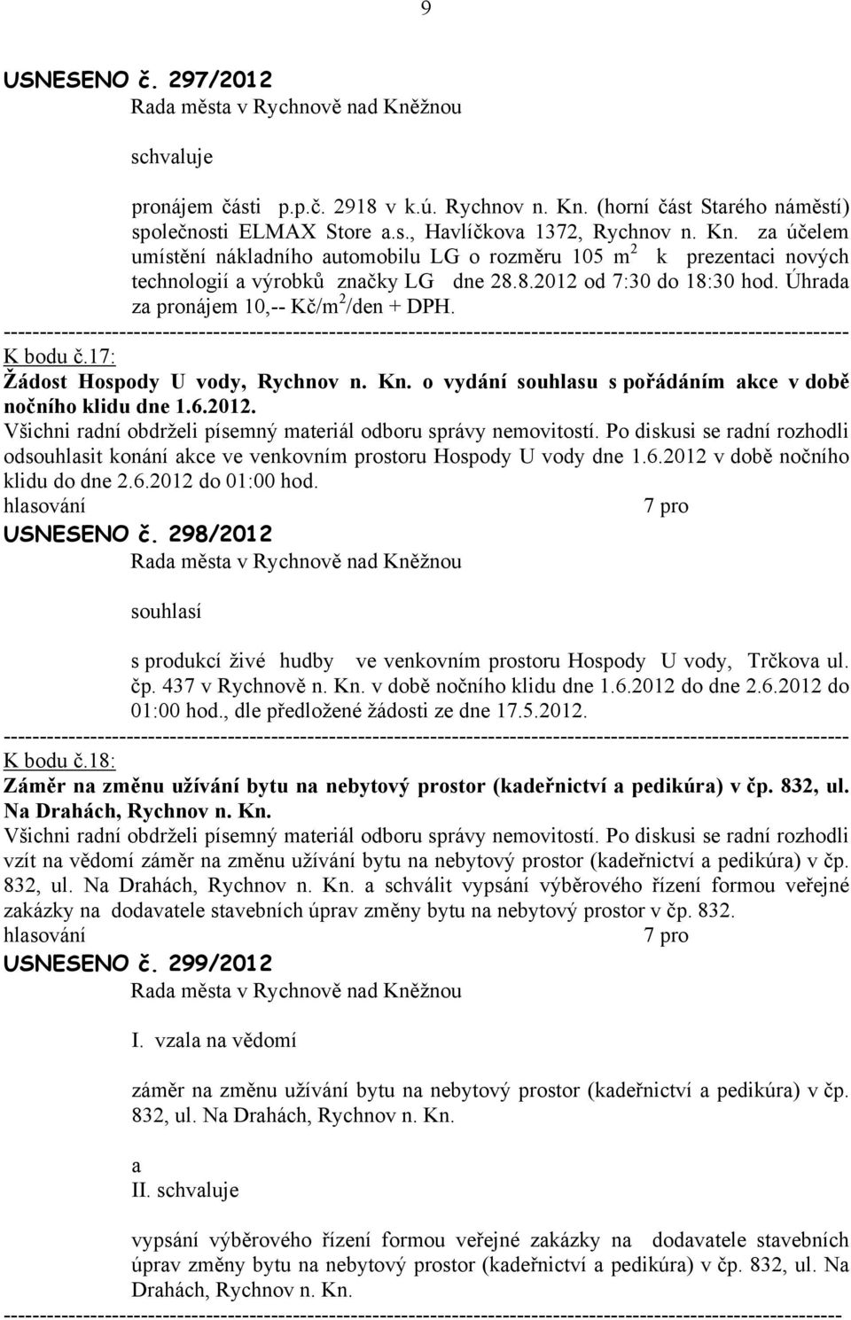 Po diskusi se rdní rozhodli odsouhlsit konání kce ve venkovním prostoru Hospody U vody dne 1.6.2012 v době nočního klidu do dne 2.6.2012 do 01:00 hod. USNESENO č.