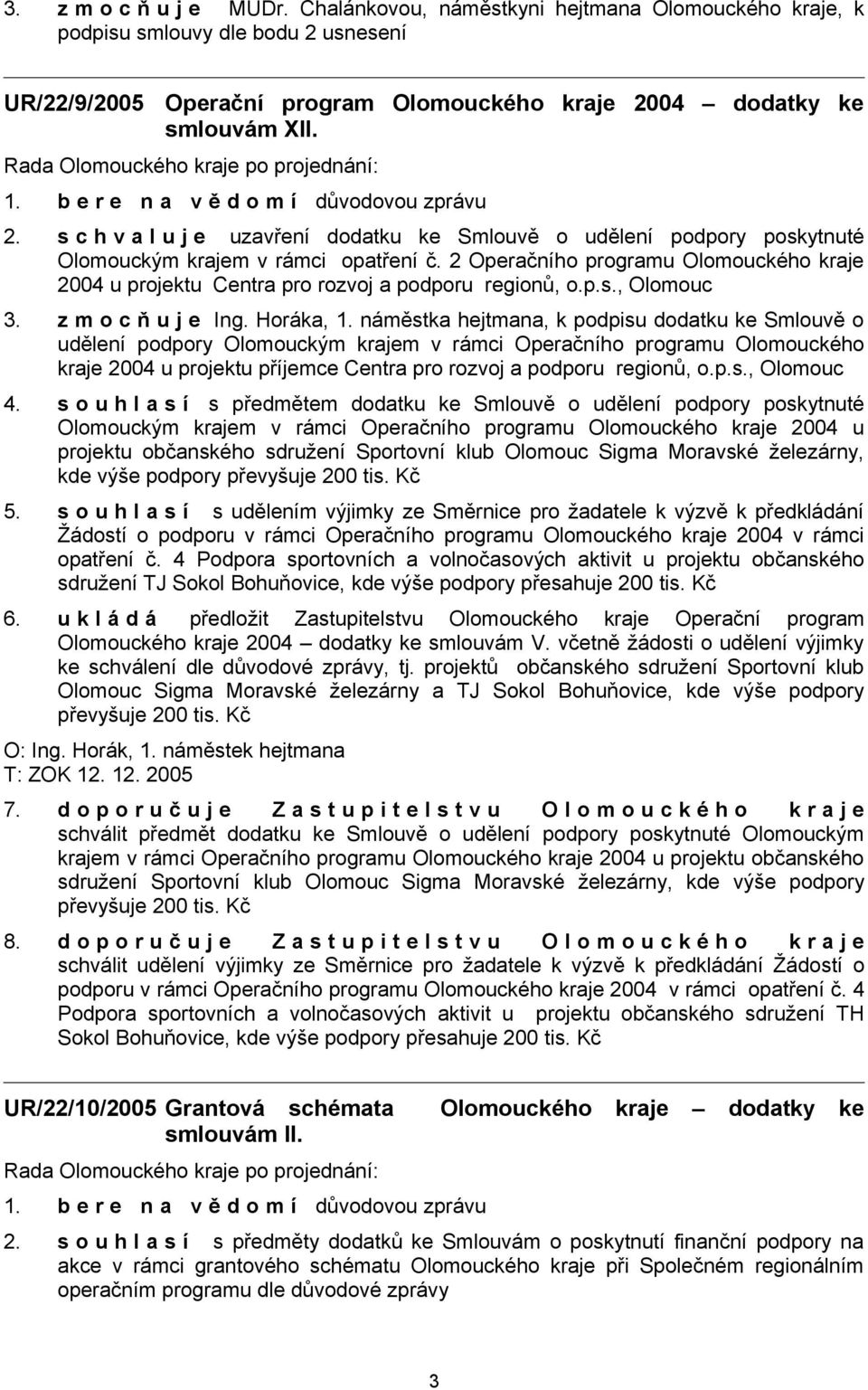 2 Operačního programu Olomouckého kraje 2004 u projektu Centra pro rozvoj a podporu regionů, o.p.s., Olomouc 3. z m o c ň u j e Ing. Horáka, 1.