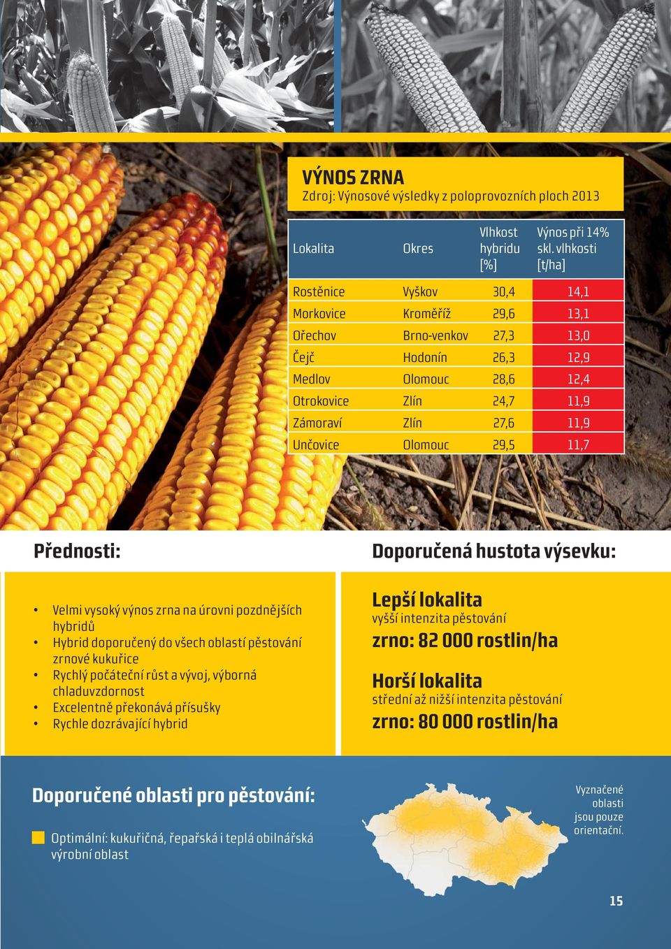 Unčovice Olomouc 29,5 11,7 Přednosti: Velmi vysoký výnos zrna na úrovni pozdnějších hybridů Hybrid doporučený do všech oblastí pěstování zrnové kukuřice Rychlý počáteční růst a vývoj, výborná