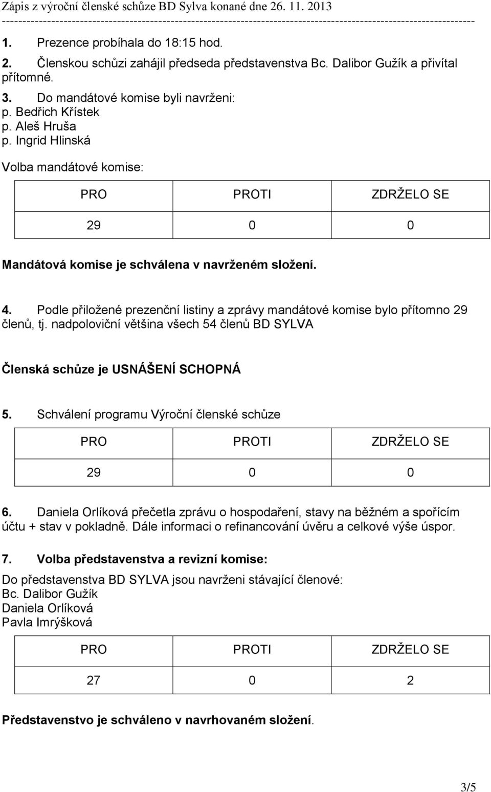 nadpoloviční většina všech 54 členů BD SYLVA Členská schůze je USNÁŠENÍ SCHOPNÁ 5. Schválení programu Výroční členské schůze 6.